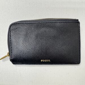 Fossil Black Pebbled Leather Zip Wallet Card Holder Womens Small Classic